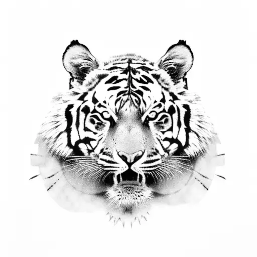 A black-grey realistic portrait of a tiger surrounded by lush greenery tattoo design idea