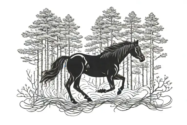 horse running through forest of pine tree with roots tattoo design idea