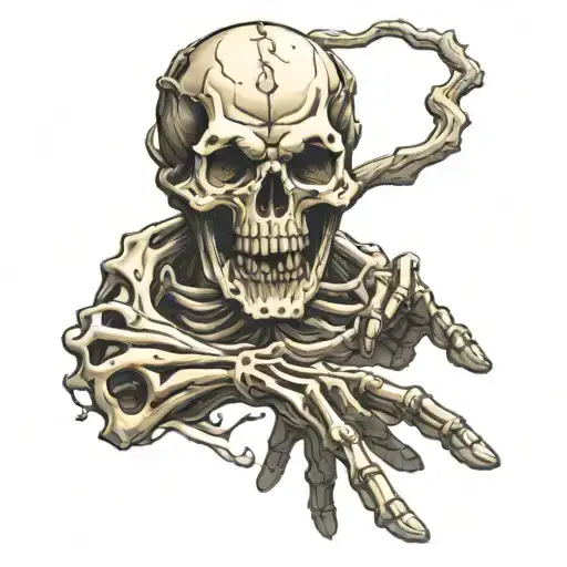 Creation of adam tattoo design but a skeleton hand and a human hand pulling apart Oni mask tattoo style tattoo design idea