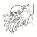 Creation of adam tattoo design but a skeleton hand and a human hand pulling apart Oni mask tattoo style tattoo design idea