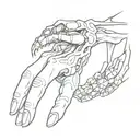 Creation of adam tattoo design but a skeleton hand and a human hand pulling apart Oni mask tattoo style tattoo design idea