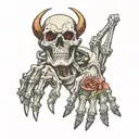 Creation of adam tattoo design but a skeleton hand and a human hand pulling apart Oni mask tattoo style tattoo design idea