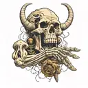 Creation of adam tattoo design but a skeleton hand and a human hand pulling apart Oni mask tattoo style tattoo design idea