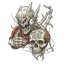 Creation of adam tattoo design but a skeleton hand and a human hand pulling apart Oni mask tattoo style tattoo design idea