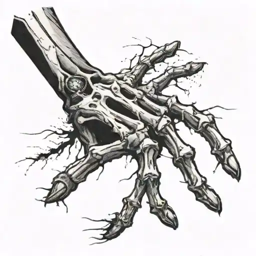 A skeleton arm rising up out of the dirt looking filthy and decrepit. Only depicting the hand breaching the soil. tattoo design idea