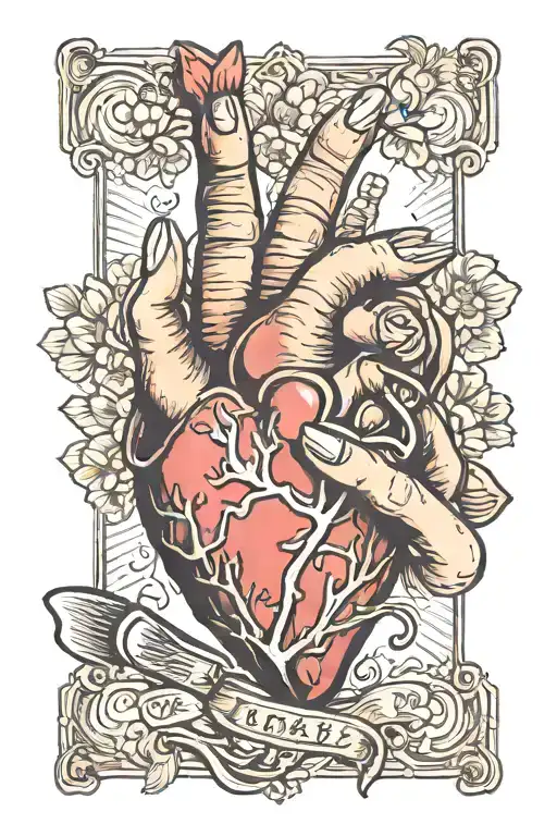 woman's hand with almond tip nails holding a human heart tattoo design idea