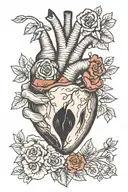 woman's hand with almond tip nails holding a human heart tattoo design idea