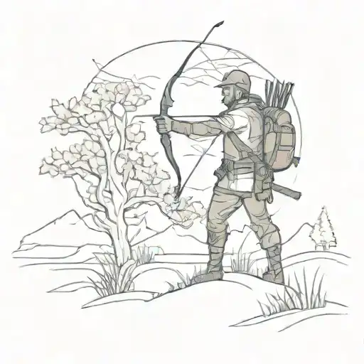 A silhouette of a hunter with a bow and arrow, blending into a natural landscape, symbolizing patience and skill tattoo design idea