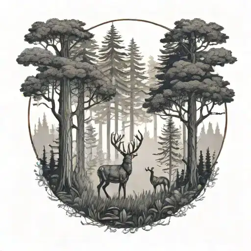 A detailed scene of a father and son tracking a deer in the woods, surrounded by tall trees tattoo design idea