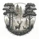 A detailed scene of a father and son tracking a deer in the woods, surrounded by tall trees tattoo design idea