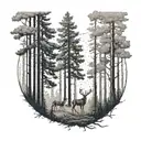 A detailed scene of a father and son tracking a deer in the woods, surrounded by tall trees tattoo design idea