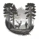 A detailed scene of a father and son tracking a deer in the woods, surrounded by tall trees tattoo design idea