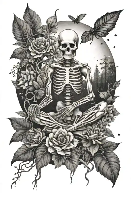 skeleton in a yoga pose surrounded by trees flowers moon tattoo design idea