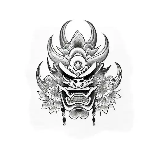 oni mask, flowers, half sleeve tattoo design idea
