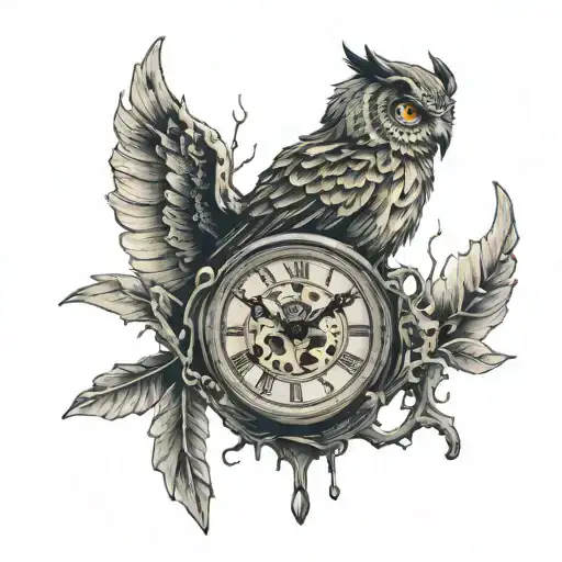 A clock that is melting with an owl faded around it  tattoo design idea