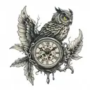 A clock that is melting with an owl faded around it  tattoo design idea