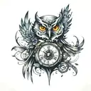 A clock that is melting with an owl faded around it  tattoo design idea