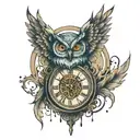 A clock that is melting with an owl faded around it  tattoo design idea