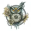 A clock that is melting with an owl faded around it  tattoo design idea