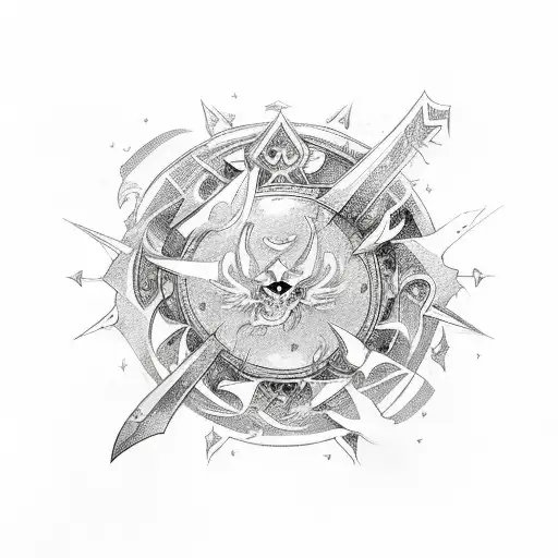 A powerful halberd engulfed in swirling energy and surrounded by a circle of interlocking swords tattoo design idea