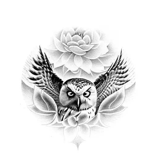 A captivating blackwork tattoo of a snowy owl perched on a lotus flower, with a medieval spear entwined with forest vines. tattoo design idea
