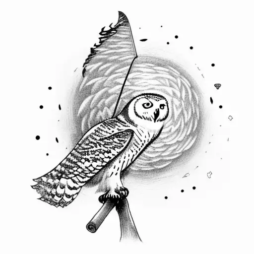 A mystical snowy owl perched on a lotus flower, surrounded by a forest at night, with a spear resting against a tree trunk. tattoo design idea