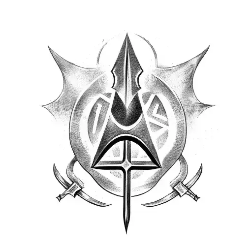 A powerful halberd infused with magical runes, emerging from a mystical portal tattoo design idea