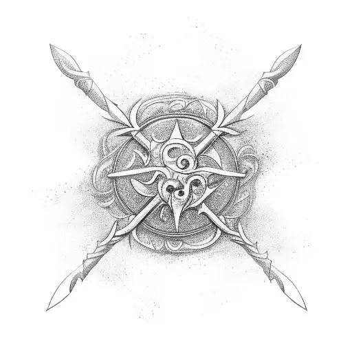 A powerful halberd engulfed in swirling energy and surrounded by a circle of interlocking swords tattoo design idea