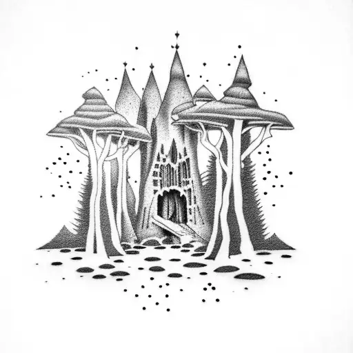 A dotwork tattoo depicting a gothic rainforest with hidden mining elements tattoo design idea