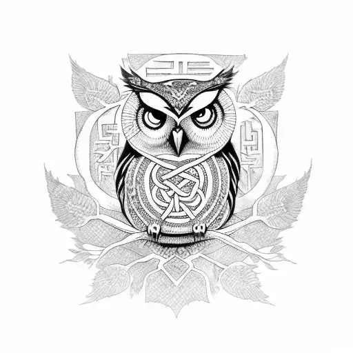A mystical owl perched on a willow tree branch, surrounded by swirling runes tattoo design idea