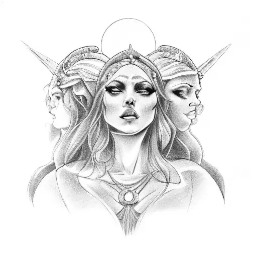 A mesmerizing tattoo of Hekate, the triple goddess, gracefully dancing under the moonlight in a medieval setting. tattoo design idea