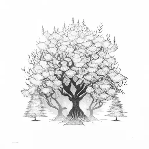 A mystical forest with glowing trees and a dancing silhouette tattoo design idea