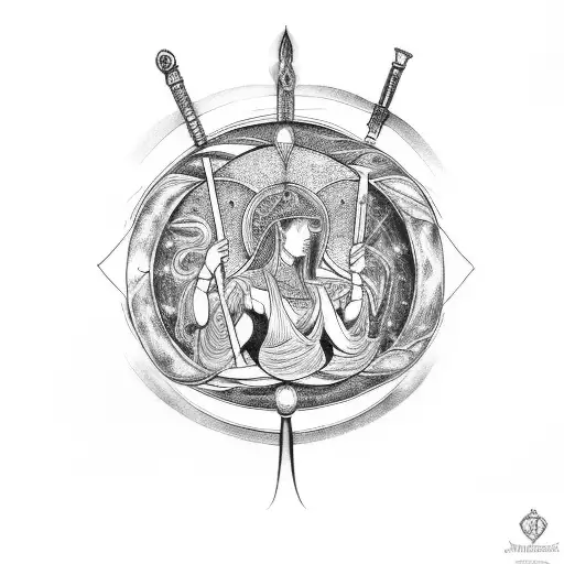 A unique design featuring the triple goddess, Hekate, holding a medieval translator's quill and ink pot, with moonlight illuminating the scene. tattoo design idea