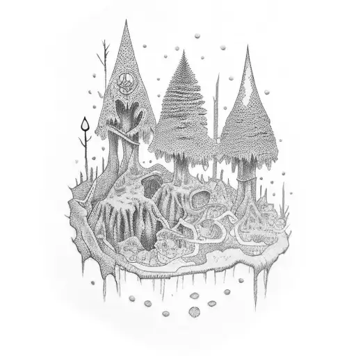 A dotwork tattoo depicting a gothic rainforest with hidden mining elements tattoo design idea