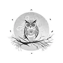A mystical owl perched on a willow tree branch, surrounded by swirling runes tattoo design idea
