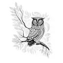 A mystical owl perched on a willow tree branch, surrounded by swirling runes tattoo design idea