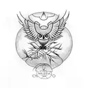 A mystical owl perched on a willow tree branch, surrounded by swirling runes tattoo design idea