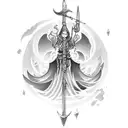 A mythical creature wielding a magical spear in a stormy sea tattoo design idea