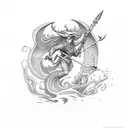 A mythical creature wielding a magical spear in a stormy sea tattoo design idea