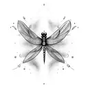 Create a mythical tattoo design featuring a dragonfly and a halberd tattoo design idea