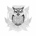 A mystical owl perched on a willow tree branch, surrounded by swirling runes tattoo design idea