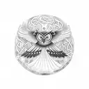 A mystical owl perched on a willow tree branch, surrounded by swirling runes tattoo design idea