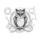 A mystical owl perched on a willow tree branch, surrounded by swirling runes tattoo design idea
