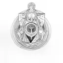 A unique design featuring the triple goddess, Hekate, holding a medieval translator's quill and ink pot, with moonlight illuminating the scene. tattoo design idea