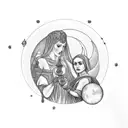 A unique design featuring the triple goddess, Hekate, holding a medieval translator's quill and ink pot, with moonlight illuminating the scene. tattoo design idea