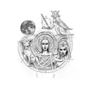 A unique design featuring the triple goddess, Hekate, holding a medieval translator's quill and ink pot, with moonlight illuminating the scene. tattoo design idea
