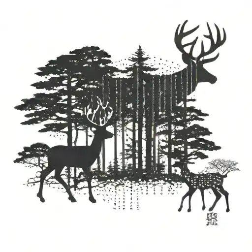 A silhouette of a family of deer walking through a forest, with binary code hidden in the trees tattoo design idea