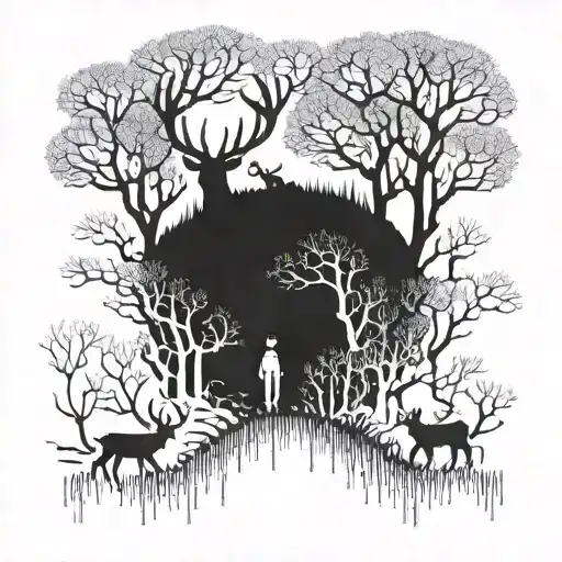 A silhouette of a family of deer walking through a forest, with binary code hidden in the trees tattoo design idea