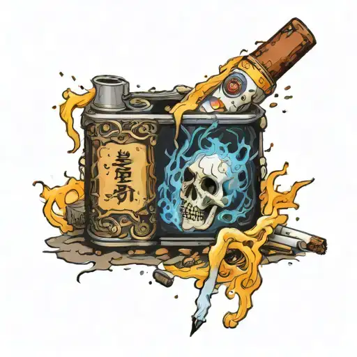 A realistic cigarette burning down to ashes, with tiny computer chips and whiskey bottles scattered around tattoo design idea
