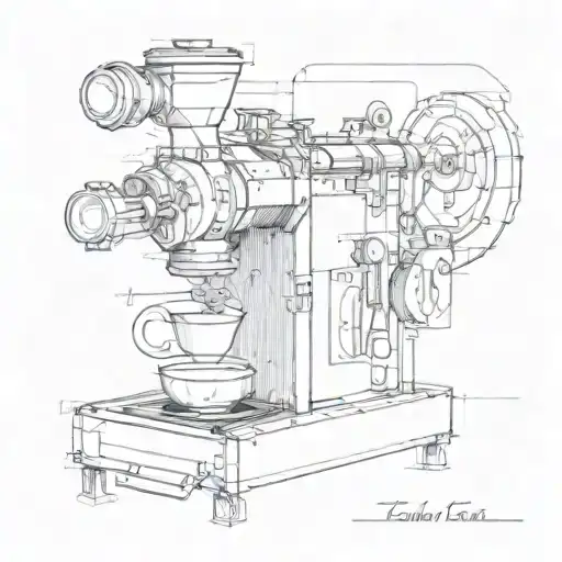 A mechanical engineer's blueprint design of a coffee machine, with smoke forming the shape of a dragon tattoo design idea